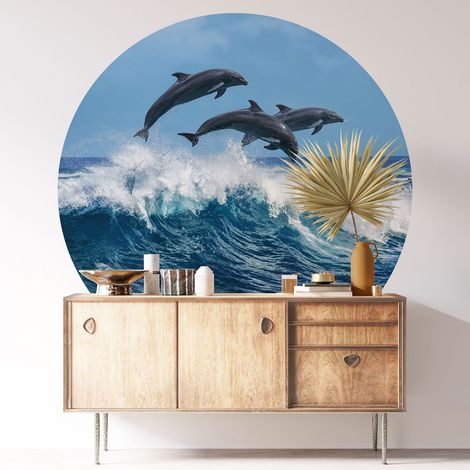 Sticker mural rond / cercle - Dauphins - Diamètre 30 cm - Adhésif MAT (1/3)