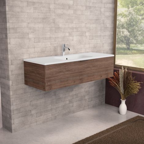 Inda - Badezimmerschrank B.120 mit mattiertem Waschbecken / Braune Eiche 1 Schublade - Topazio (1/5)