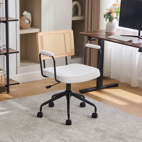 Fauteuil de bureau en rotin vintage avec roulettes - Chaise de bureau pivotante réglable avec assise en chenille et cadre en bois pour bureau à domicile, étude, salon - Ivoire (1/5)