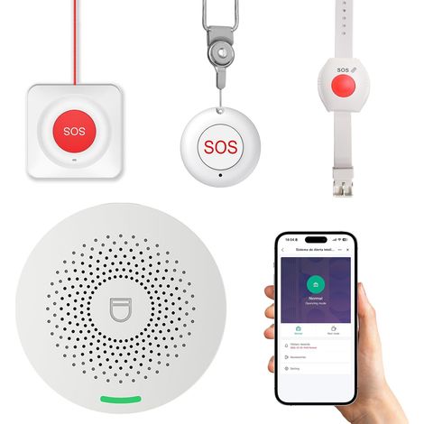 Bracelet Alarme Personne Agee avec WiFi – Utilisation sans Abonnement, Étanche IP55, Alarme Interne avec Notification Via Application, Volume Réglable (Pack de 4 Produits)