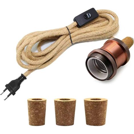Kit Adaptateur Bouteille Lampe, 240CM Corde de Chanvre Câble, Douille E27 avec Interrupteur, Support Ampoule pour Lampe Bouteille, 3 Bouchons Souples, Convient pour Différent Bouteille, Rouge (1/5)