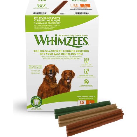 WHIMZEES By Wellness Stix, Bastoncini da Masticare per Cani di Grossa Taglia, Taglia L, 30 Pezzi (Confezione mensile), Senza Zucchero, Senza Cereali, Naturali, a Basso Contenuto di Grassi (1/5)