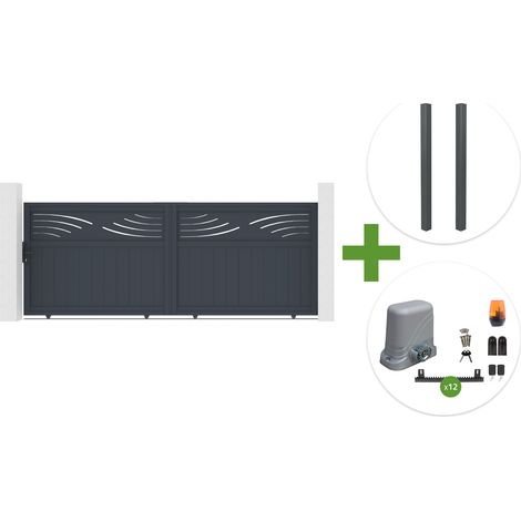 Portail coulissant 3,7m HALTI H.140cm aluminium gris + 2 poteaux ELDA 15x15cm + motorisation Tanker C600 (1/5)