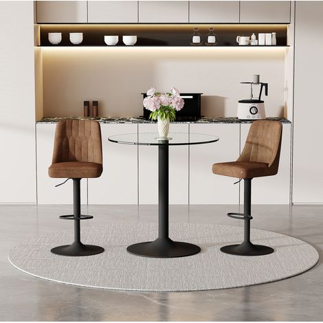 Set tavolo bar 89 cm in vetro con 2 sgabelli girevoli in tessuto marrone (1/5)