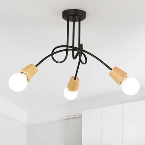 U-DO Lustre de plafond en bois 3 lumières, plafonnier industriel vintage Luminaire suspendu loft rustique E27 pour salon salle (1/4)