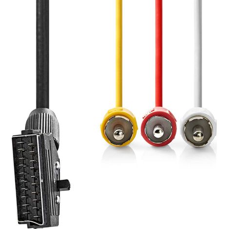 Nedis SCART-Kabel / SCART Stecker / 3x Cinch-Stecker / Vernickelt / Schaltbar / 480p / 2.00 m / Rund / PVC / Schwarz / Label