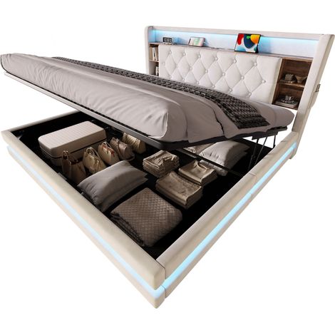 Lit Coffre 2 Places en Velours, LED, 2 USB, Type-C et Étagères, 180 x 200 cm, Sans Matelas, Beige (1/5)