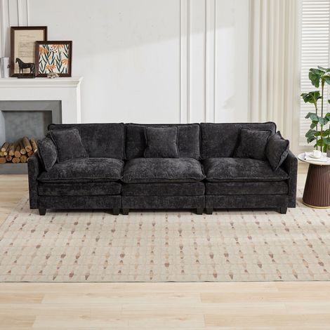 Canapé d'angle 3 places moderne, sans pouf, tissu chenille respirant noir, assise double épaisseur confortable, pour salon, chambre et appartement, DE5013BK (1/5)