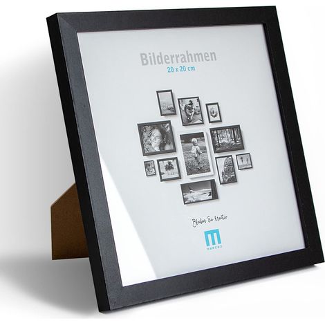 Cadre photo moderne et intemporel en bois MDF noir pour petites photos et images de 20 x 20 cm avec protection en verre acrylique. Il peut être utilisé comme support de table ou à poser au mur (1/4)