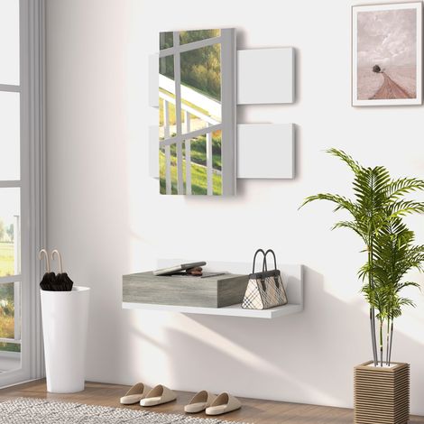 Armoire 2-en-1 couloir avec miroir mural 75x3,5x75 cm et tiroir 75x30,5x20 cm - ensemble de couloir en MDF et verre - gris et blanc