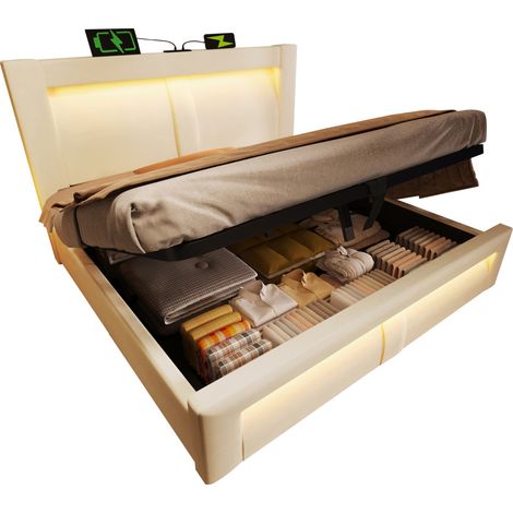 CHICFURN Cama doble 160x200 cm tapizada en terciopelo beige con almacenamiento hidráulico, LED con app, USB y Type-C, cabecero curvo y estructura metálica, sin colchón (1/5)