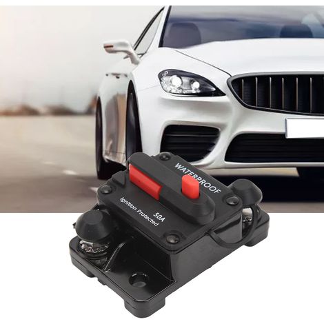 Disjoncteur audio étanche 12V avec fusible et interrupteur de réarmement manuel adapté aux camping-cars, camions, yachts et remorques pour la protection et la modernisation des systèmes audio (50A). (1/5)