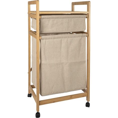 Trade Shop - Cesta De Canasta Del Gabinete En Tela De Bambú 42x33,5x84,5cm Con 2 Compartimentos Con Ruedas -