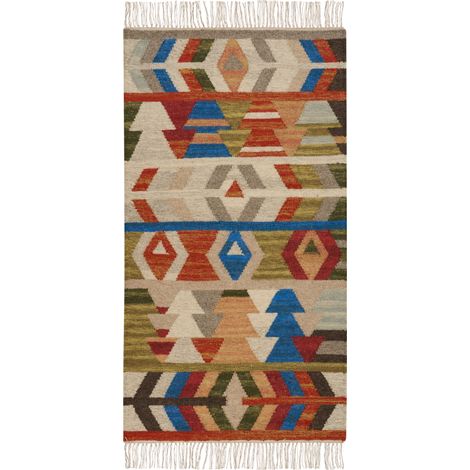 Alfombra kilim de lana rojo azul verde 80 x 150 cm a mano geométrico borlas Kaghsi (1/5)