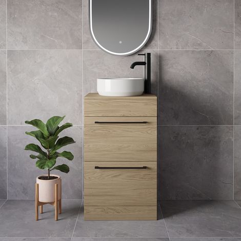 Napoli 390 Light Oak 500mm 2 Drawer Vanity Unit for Countertop Basins - 500mm - Matt Black 320mm Handle