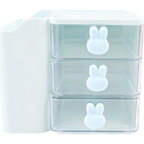 Organiseur de bureau, rangement pour pinceaux de maquillage avec tiroirs, porte-stylo, boîte de rangement bleue pour fournitures de bureau et cosmétiques (1/4)