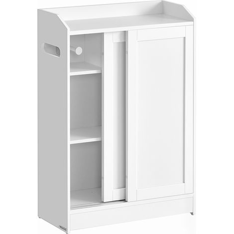 Vasagle – Meuble pour WC blanc nuage – Dimensions 20 x 60 x 80 cm – Portes coulissantes – Étagères réglables – Rangement papier toilette et brosse WC