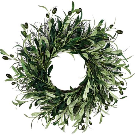 Couronne d'olivier artificielle pour porte d'entrée, branches d'olivier vertes réalistes avec haricots, décoration champêtre intérieure et extérieure pour mur, fenêtre ou mariage (1/5)
