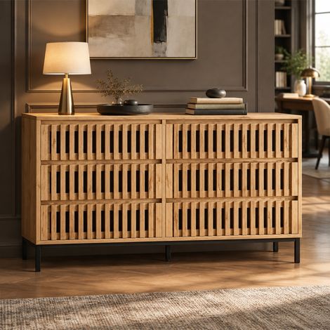 Buffet 120/40/81 cm aspect bois avec 6 tiroirs et pied réglable (1/5)