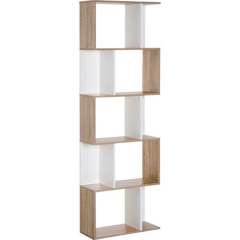 HOMCOM 5-stufiges S-förmiges Regal, Bücherregal aus weißer Eiche, Aufbewahrungseinheit für Wohnzimmer, Schlafzimmer oder Büro, 60x24x184,5 cm, Regal im modernen Design, Wandaufbewahrung.