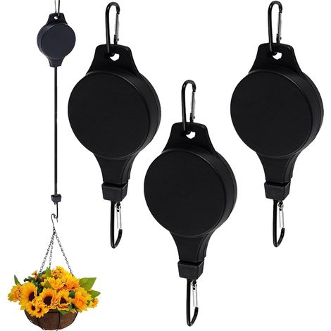 Lot de 3 crochets rétractables pour poulie pour plantes d'intérieur et d'extérieur, pots de fleurs, paniers de jardin et mangeoires à oiseaux, noir