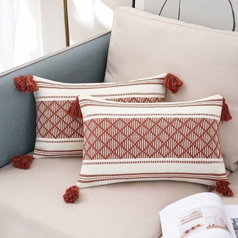 Lot de 2 Housse de Coussin Boheme Moderne Rectangulaire Taie d'oreiller Décorative Tissée Jacquard pour Salon Canapé Chambre 30 x 50 cm, Rouge et Blanc (1/4)