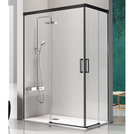 KASSANDRA GLASÉ Angular Ducha 2 Fijos + 2 Hojas Corredera 6 mm Plata Negro Mate Transparente - Medida: 120x80 cm - ref: GS6070516S200120+GS6070516S200080 (1/2)