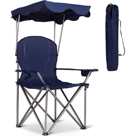 Chaise de plage portable pliante avec auvent et porte-gobelets - bleu (1/5)
