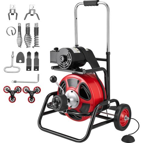 Mophorn Máquina de limpieza de desagües 30 m x 12,7 mm, equipo para desatascar tuberías con alimentación automática y ruedas, tambor ajustable, 8 cortadores y pedal neumático, para tubos de 50-150 mm