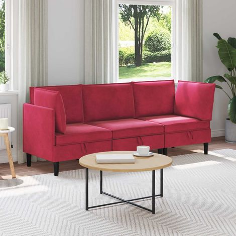Juego de muebles de salón con cojín 3 pcs Rojo vino Terciopelo