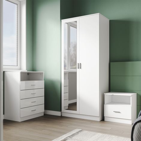 SONNI Schlafzimmermöbel Set Kleiderschrank mit Spiegel und Schubladen und Weiß Hochglanz Kommode Hochglanz 4 Schubladen Kommode (1/5)