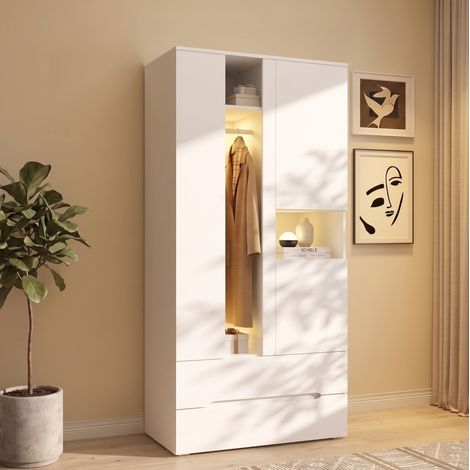 Armoire 3 portes avec LED, 90 x 50 x 200 cm, 2 tiroirs, MDF et verre, blanche REDOM (1/5)