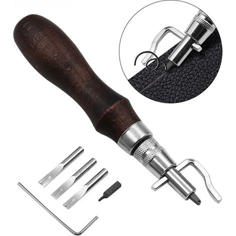Outil multifonction 7 en 1 avec manche en acier allié et bois : rainurage, coupe-bordures de cuir, biseautage. (1/4)