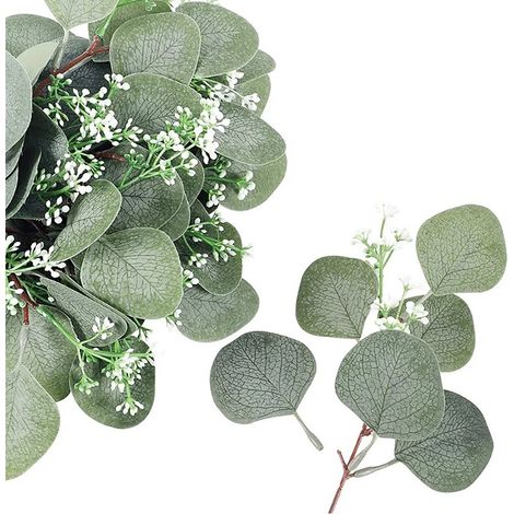 24 tiges et branches d'eucalyptus artificielles, feuilles rondes et fleurs blanches décoratives, plante artificielle pour décoration de mariage