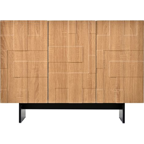 Aparador moderno francés 3 puertas con frente geométrico, MDF y bambú, 105 x 33,5 x 76 cm (1/5)