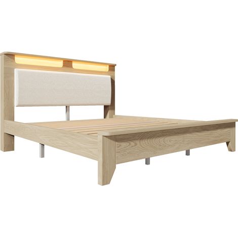 Letto matrimoniale 140 x 200 cm in legno chiaro con testiera LED e tessuto a coste beige MODENUIT (1/5)