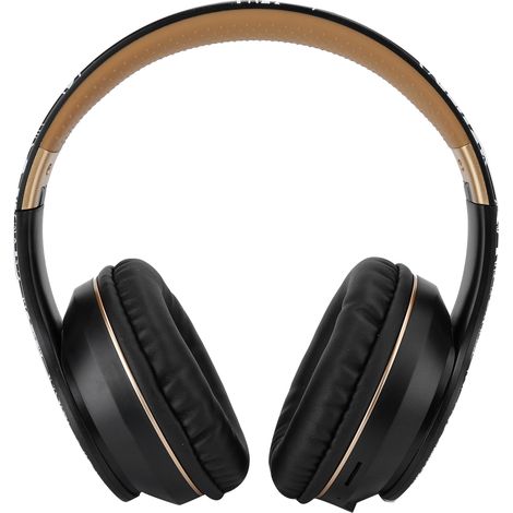 Écouteurs sans fil Bluetooth BT5.0 avec réduction de bruit, son stéréo, pliables, pour le sport, noirs et dorés. Écouteurs stéréo pliables avec réduction de bruit. (1/5)