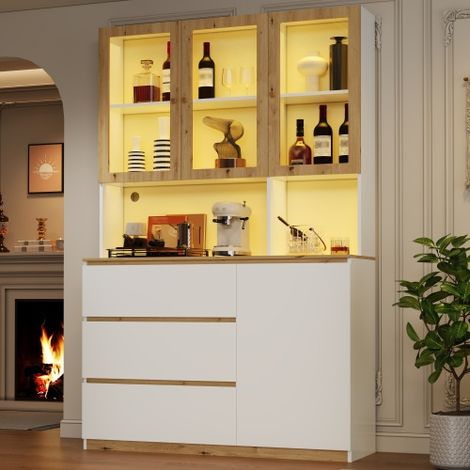 Vitrine / Armoire haute avec éclairage LED – avec plan de travail étendu  Meuble multifonction autoportant Blanc et Chêne – Vitrine en verre, Armoire de cuisine haute et Bibliothèque