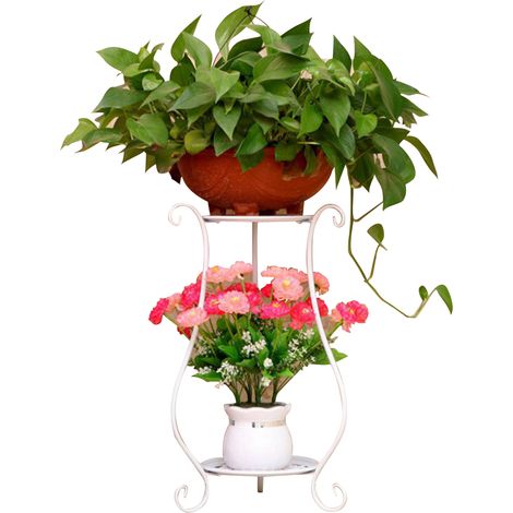 Soporte metálico de dos niveles para plantas, macetas, estante de exhibición, organizador de almacenamiento para balcón, jardín y decoración del hogar. (1/5)