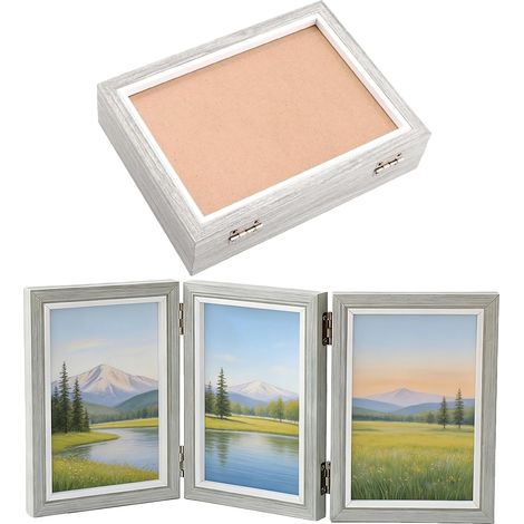 Cadre Photo Triple en Bois Pliable - Lot de 2 Cadres pour 3 Photos 13x18 cm - Cadre Photo Multiple pour Bureau, Table, Étagère - Surface Grise Chaude - Installation Verticale (1/5)