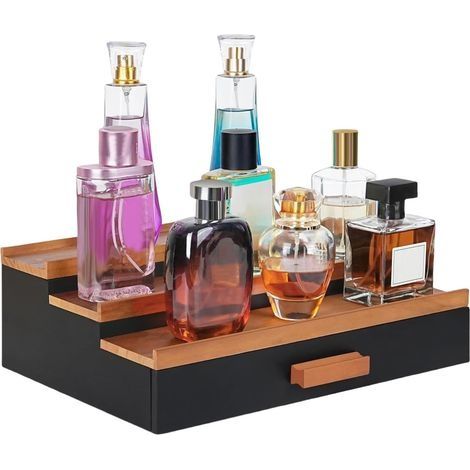 Organisateur de parfum, support de parfum Plateau d'affichage de parfum en bois à 3 niveaux avec tiroir Organisateurs de salle de bain et rangement pour barbe, lotion à raser, montres, (1/5)