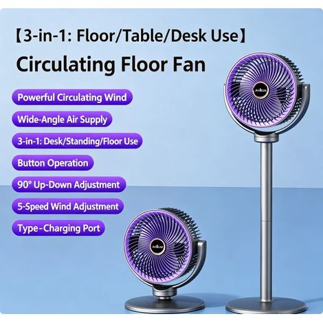 Ventilateur sans fil (violet), hauteur réglable, adapté aux voyages et au camping en plein air, longue durée de vie de la batterie, chargement USB, portable. (1/5)