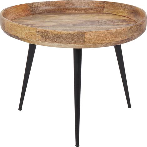 Mesa de centro de madera de mango clara metal negro base trípode bordes elevados Edna