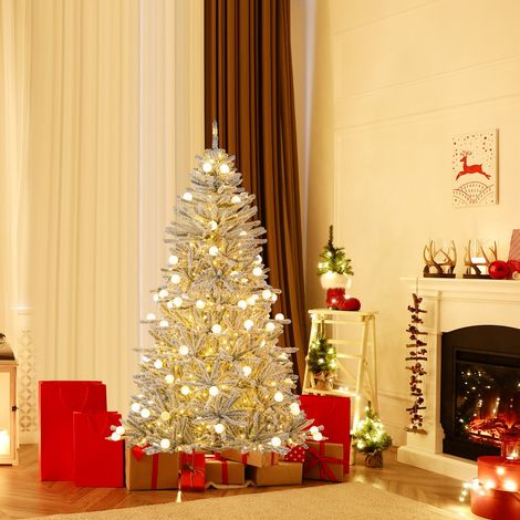 Sapin de Noël Artificiel Enneigé de 180 cm avec 51 Boules Lumineuses 250 LED Blanc Chaud 637 Branches Télécommande et Minuteur Argent (1/2)