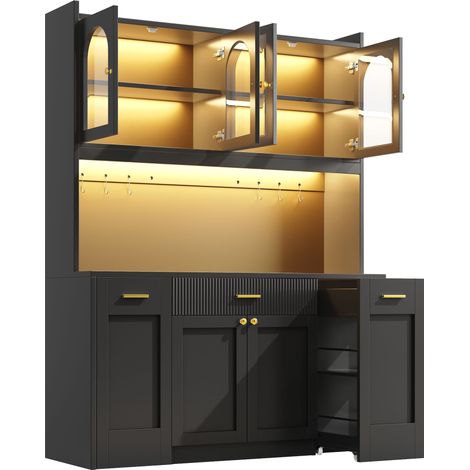 Armoire de cuisine haute 120 cm, buffet de cuisine noir avec éclairage LED RGB intelligent, 3 vitrines en verre et étagères coulissantes. (1/5)