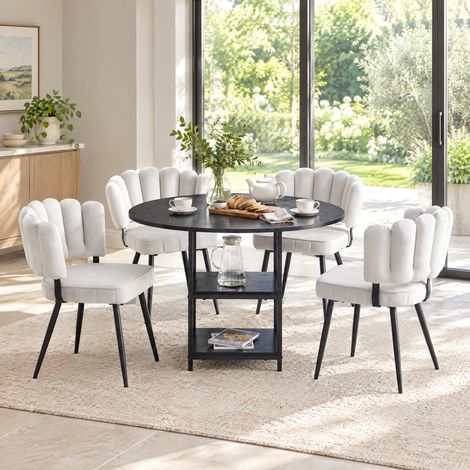 Ensemble repas table ronde 107 cm et 4 chaises, 2 étagères, noir et gris clair DESVIAE (1/5)
