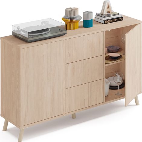 Buffet 2 portes + 4 tiroirs coloris effet bois - Hauteur 90 x Longueur 140 x Profondeur 40 cm -PEGANE-