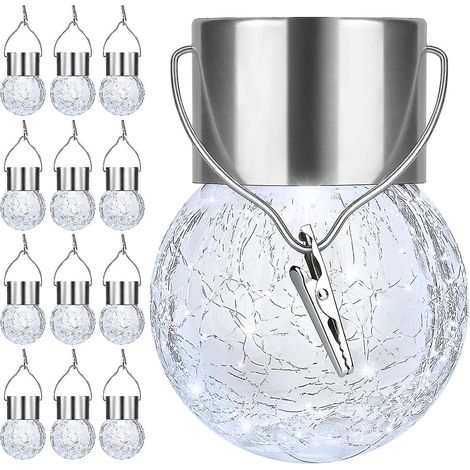 Lot de 12 lampes solaires suspendues d'extérieur - Lampes solaires en verre craquelé étanches à LED, boules décoratives (1/5)