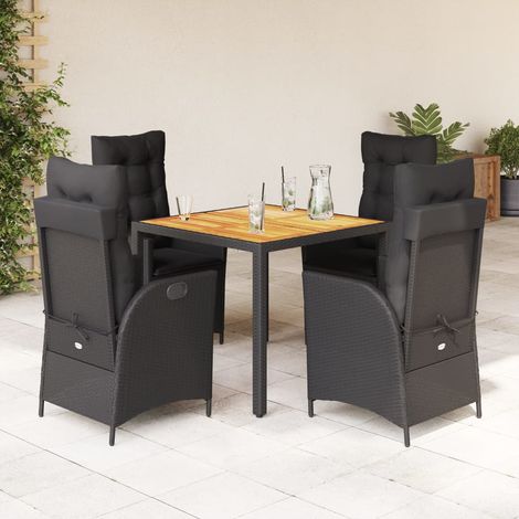 Ensemble de Jardin 5 Pièces Noir Résine Tressée avec Coussins - Table Acacia 90x90 cm et Chaises Réglables (1/5)