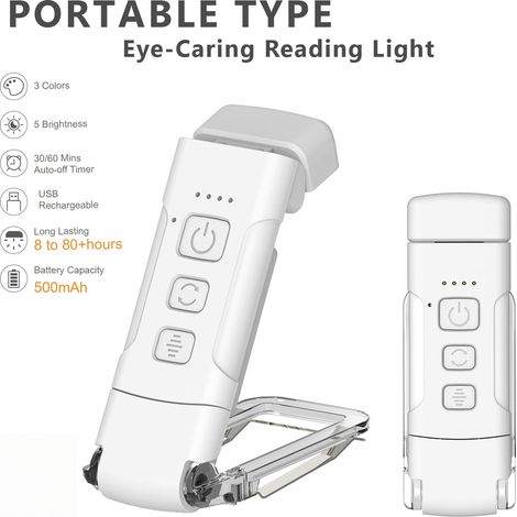 Lampe de lecture à pince rechargeable USB, 9 LED, 3 températures de couleur, 5 niveaux de luminosité, minuterie 30‑60min, anti‑lumière bleue pour livre, lit, voyage (1/5)